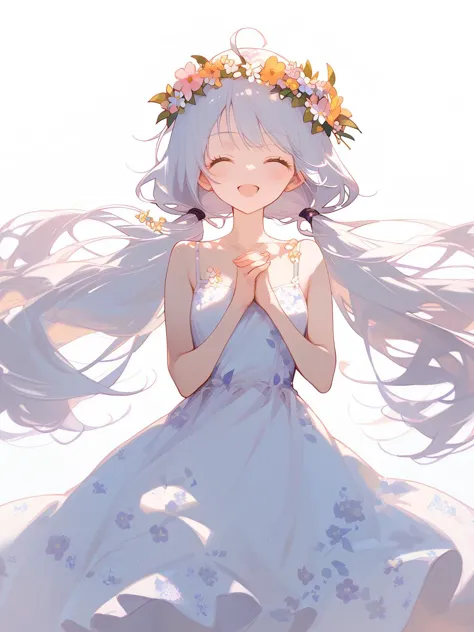 anime girl with long hair and flower crown sitting on the ground