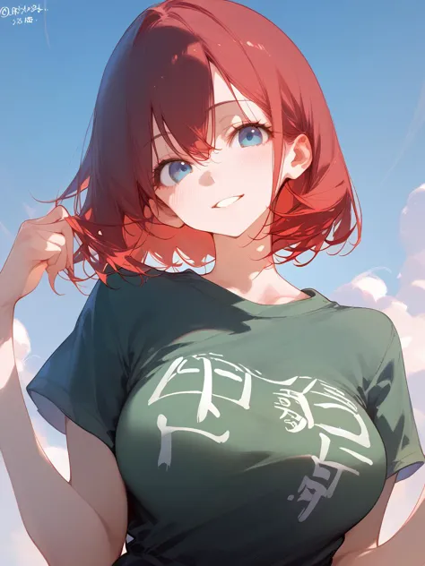 anime girl with red hair and green shirt with chinese writing