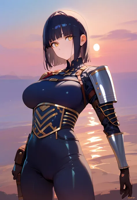 a woman in a futuristic outfit standing on a cliff overlooking the ocean