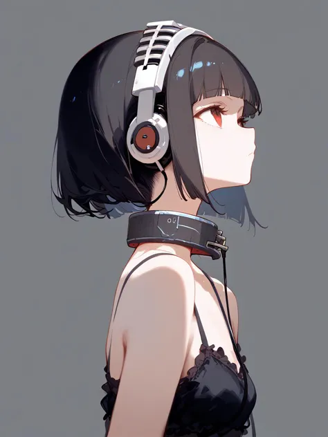 anime girl with headphones and a bra top