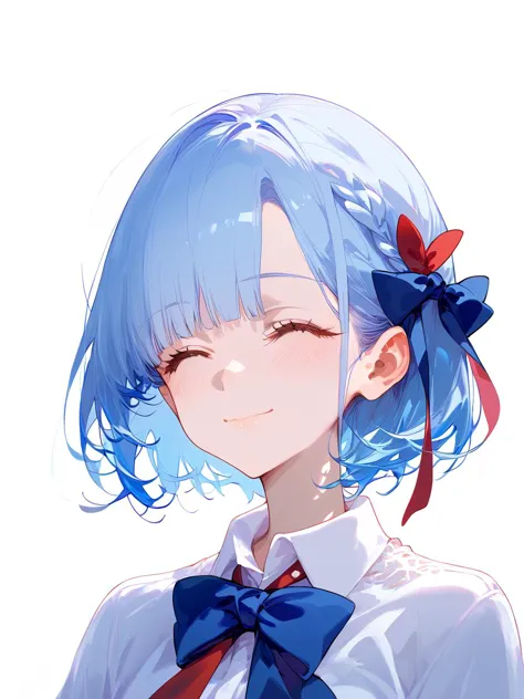 anime girl with blue hair and a bow tie