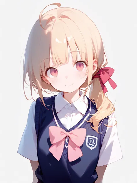 anime girl with blonde hair and blue school uniform with pink bow