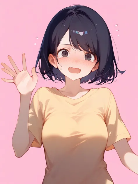 anime girl with black hair and brown eyes waving her hands