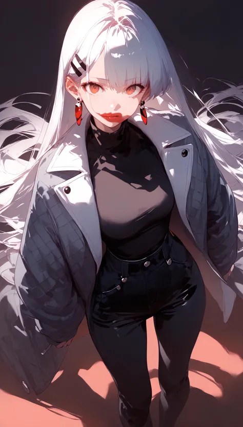 anime girl with long white hair and black pants posing for a picture