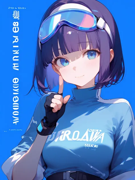 anime girl with goggles and blue shirt pointing at camera