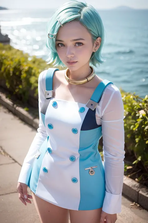 masterpiece, best quality, 1girl, solo, short hair, hair ornament,little smile, purple eyes, hairclip,aqua hair,thigh pouch, thigh holster,closed mouth, collarbone, collar, buttons, blue hair, dress, pink eyes, shirt,