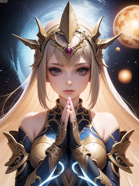 armor girl holding planets, hyper detailed intricate, galaxy, star particles, epic, portrait, eyelashes, makeup, perfect hands, aura, game concept art,