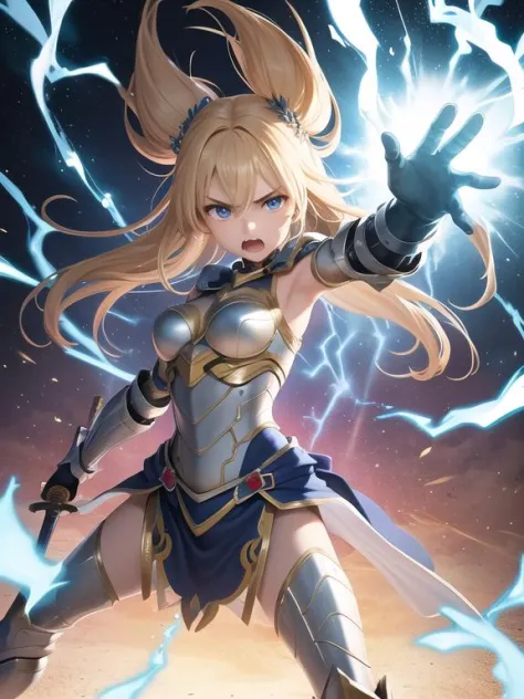 armor girl standing holding  sword, aura energy thunder, epic, angry, shouting, loating hair,