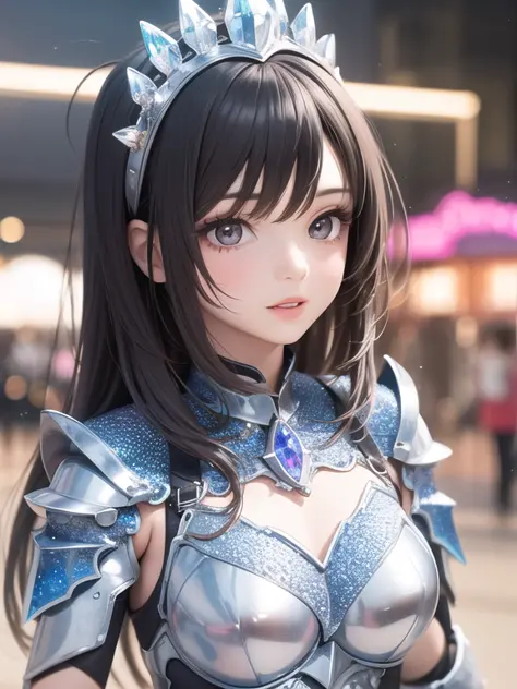 a  girl wear (crystal:1.2) dress armor at amusement park, portrait, eyelashes, lips,