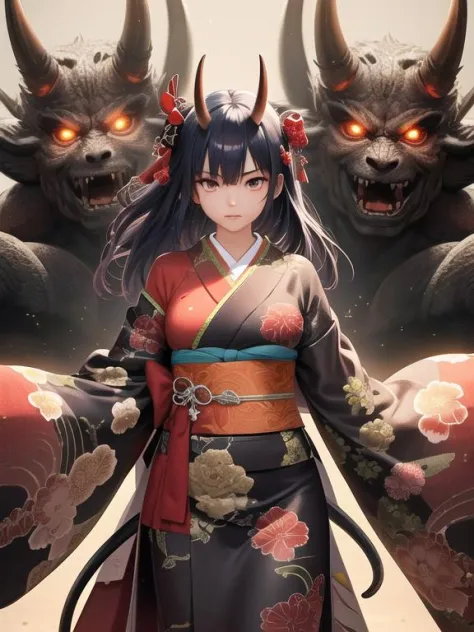 a girl with katana, oni horns, kimono, hyper detailed intricate, epic, aura battle, monster oni, sparkle background,