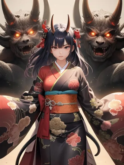 une fille avec un katana, cornes d&#39;oni, kimono, Hyper détaillé complexe, épique, aura de bataille, monstre oni, fond scintillant,