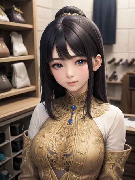 a girl portrait at  tailor's shop, detailed intricate,   krface,  <lora:krstylegamecharacter_v10:0.2>