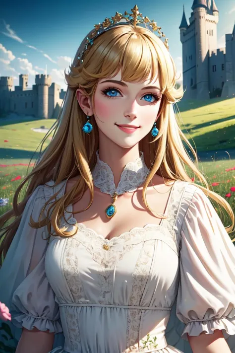 nova<lora:Nova-000003:0.5>,princessPeach <lora:princessPeachCharacter_v10:0.5>,infanta, cute, smile,blonde hair,
masterpiece, castle background, grassy fields, flowers, medium closeup, walking, realistic, detailed, collar, cinematic lighting,