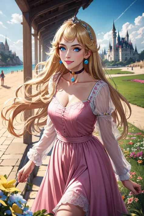 nova<lora:Nova-000003:0.5>,princessPeach <lora:princessPeachCharacter_v10:0.5>,infanta, cute, smile,blonde hair, (Pink Dress:1.2), choker, detailled eyes, blue eyes, choker, sensual, Beach boardwalk, pink lips, ((glossy lips)), pursed lips, pink pumps, glossy skin, oily skin, beautiful light, (day:1.3), bright,
masterpiece, castle background, grassy fields, flowers, medium closeup, walking, realistic, detailed, collar, cinematic lighting,