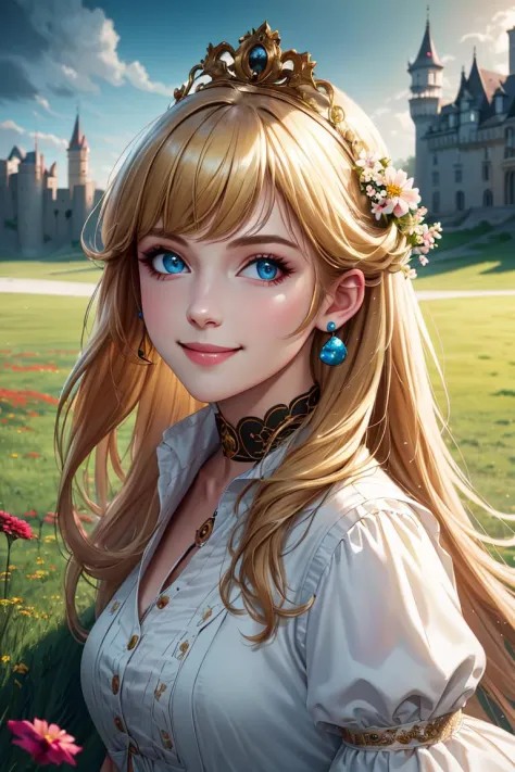 nova<lora:Nova-000003:0.5>,princessPeach <lora:princessPeachCharacter_v10:0.5>,infanta, cute, smile,blonde hair,
masterpiece, castle background, grassy fields, flowers, medium closeup, walking, realistic, detailed, collar, cinematic lighting,