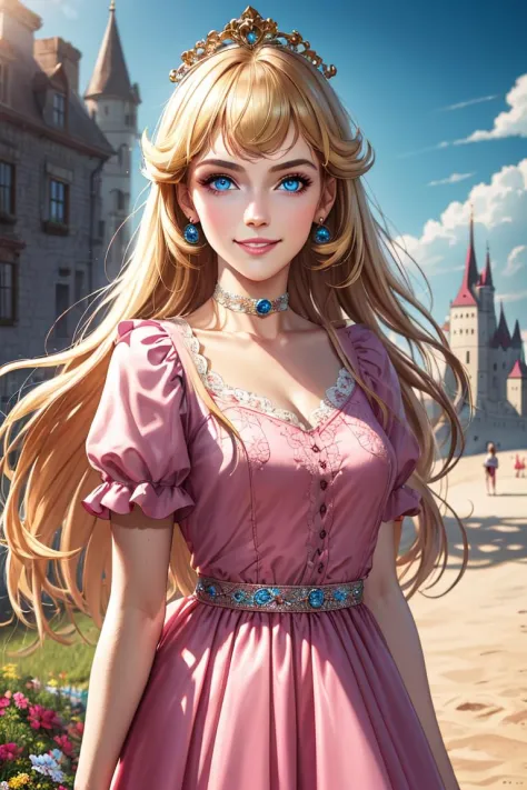 nova<lora:Nova-000003:0.5>,princessPeach <lora:princessPeachCharacter_v10:0.5>,infanta, cute, smile,blonde hair, (Pink Dress:1.2), choker, detailled eyes, blue eyes, choker, sensual, Beach boardwalk, pink lips, ((glossy lips)), pursed lips, pink pumps, glossy skin, oily skin, beautiful light, (day:1.3), bright,
masterpiece, castle background, grassy fields, flowers, medium closeup, walking, realistic, detailed, collar, cinematic lighting,