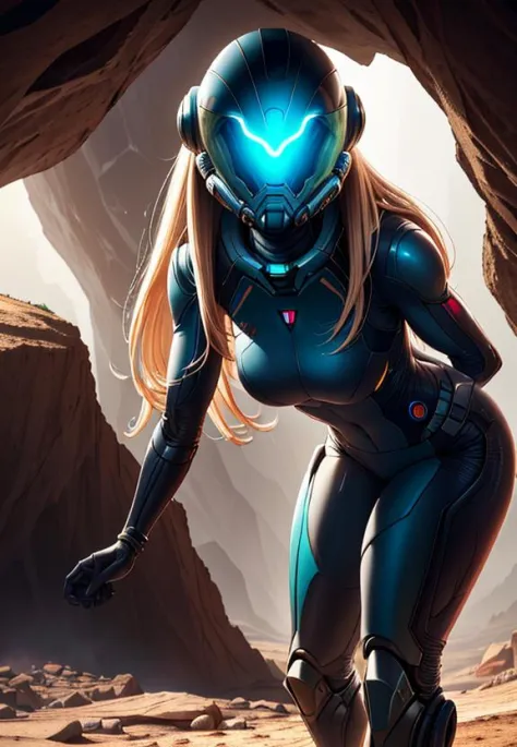 sexy blond Samus Aran from Metroid wearing blue suit with high platforms standing on a floor of a cave near ((grey humanoid monster)) hiding behind a rock and looking at her,
interior of alien cave in Hans Ruedi Giger style,
beautiful face,perfect face,
single girl,nova<lora:Nova-000003:0.6>,red Astronaut helmet,[(holding Laser Gun,lightsaber on another hand)],upper body, 
copeseethemald style,glossy,thepit bimbo,
realistic, professional, limited palette,high contrast,amazing detail,dynamic lights,
hyperrealism, masterpiece, best quality, HDR, viewpoint, highest quality, sharp focus, digital art render, 8k