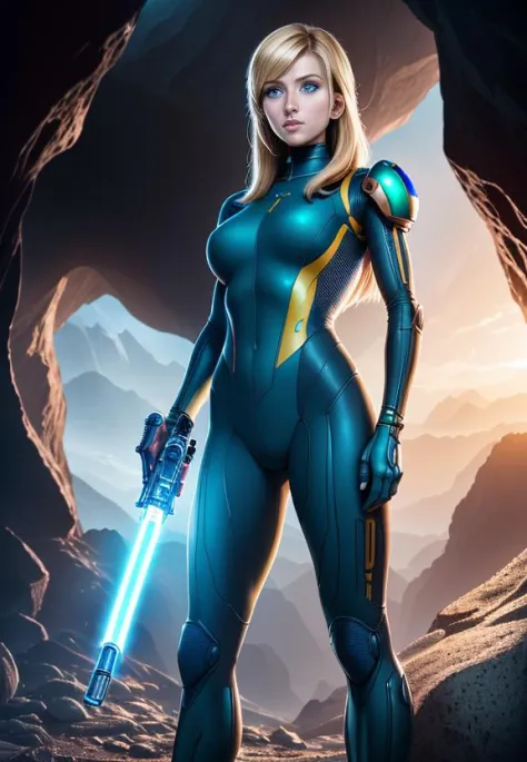 sexy blond Samus Aran from Metroid wearing blue suit with high platforms standing on a floor of a cave near ((grey humanoid mons...