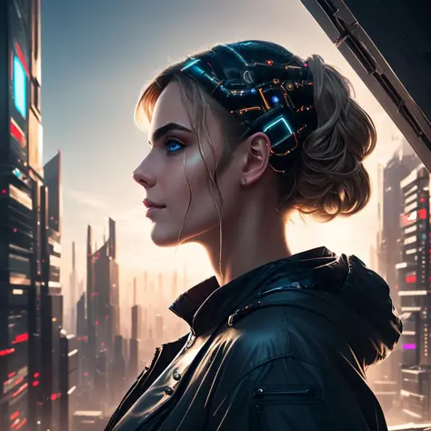 Portrait 8k d’une fille cyberpunk,novahaute qualité, chef-d&#39;œuvre, art numérique, Éclairage latéral, contexte détaillé, ville futuriste,