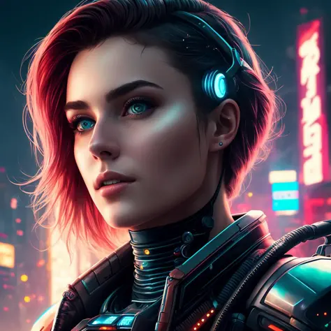 Portrait 8k d’une fille cyberpunk,novahaute qualité, chef-d&#39;œuvre, art numérique, Éclairage latéral, contexte détaillé, ville futuriste,