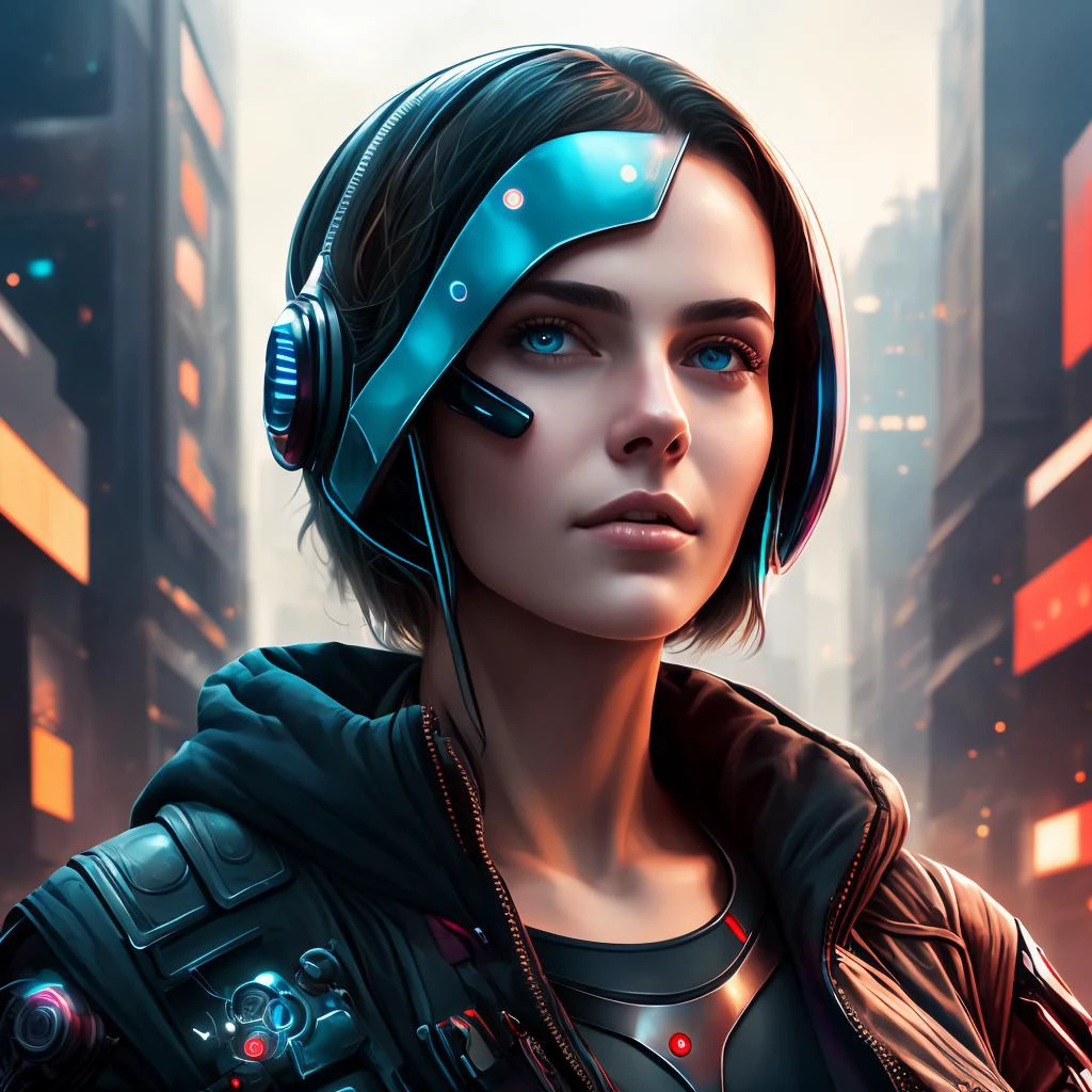 8k portrait of a cyberpunk girl,novahohe Qualität, Meisterwerk, digital art, seitliche Beleuchtung, detaillierter Hintergrund, futuristische Stadt,