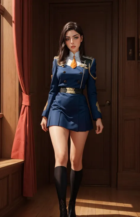 a woman in a uniform is posing in a doorway