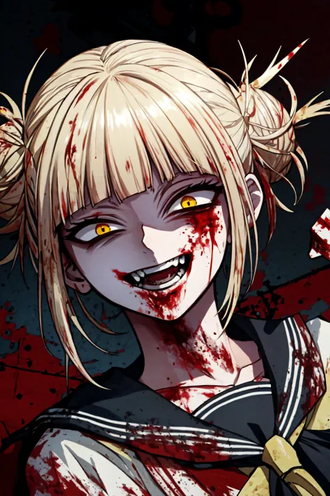 anime girl with blood on her face and a knife in her hand