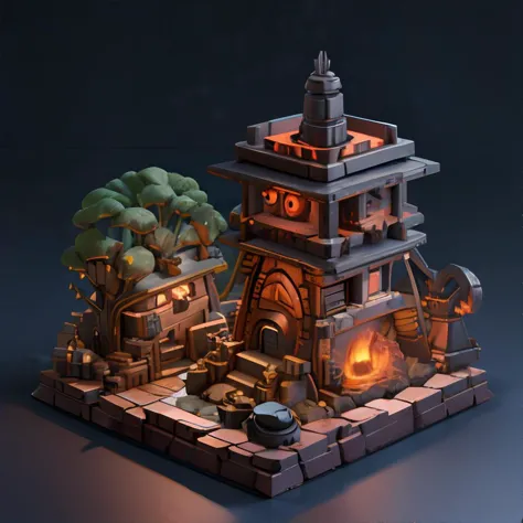 <lora:isometricview:0.7>, isometric view of Dwarf Forge Workshop with Anvil and Molten Lava Furnace, miniature || masterpiece, 8k, high resolution, shallow depth of field, sharp focus, incredible detail