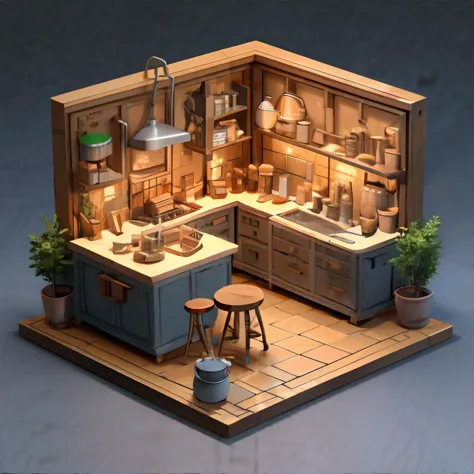 <lora:isometricview:0.7>, isometric view of Farmhouse Kitchen with Apron Front Sink and Butcher Block Countertops, miniature || masterpiece, 8k, high resolution, shallow depth of field, sharp focus, incredible detail