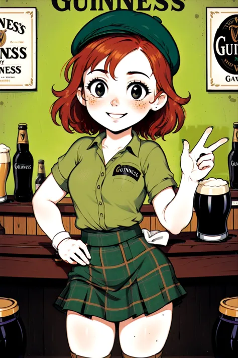 ilustração em estilo borracha de mangueira do ("meu deus, Minha Guinness!" poster),  vestindo uma camisa verde e uma saia xadrez bege e um chapéu de tweed, 1 menino, ruiva, [sardas], leve sorriso, segurando uma Guinness, fundo complexo de taverna, Pôsteres Guinness, Sinais Guinness, olhando para outra direção