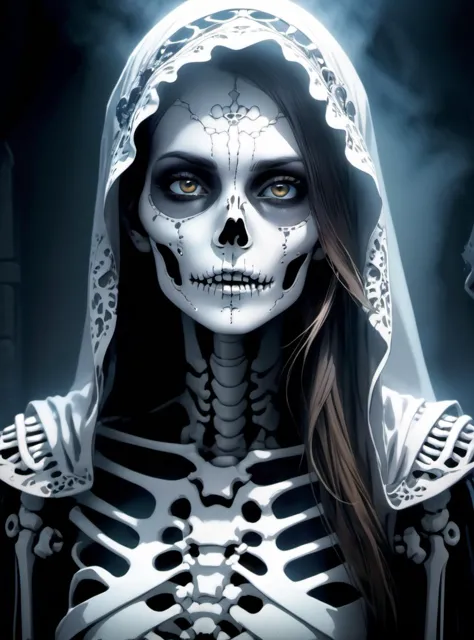 photorealistic, ultra details, natural light ultra detailed portrait of a female necromancer, skeleton face volumetric fog, Hyperrealism, breathtaking, ultra realistic, ultra detailed, cyber background, cinematic lighting, photography, stunning environment, wide-angle