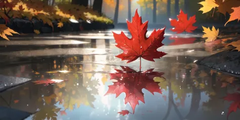 masterpiece,best quality,rain style,sunlight,light,puddle,beautiful lighting,blowing,reflection,autumn leaves,maple leaf,red par...
