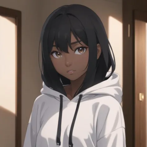 1girl, anime, hoodie, black hair, dark skin, masterpiece, best quality,