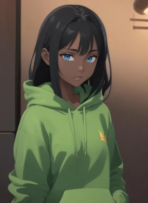 1 Mädchen, Anime-Serie, Grüner Kapuzenpullover, schwarzes Haar, (dunkle Haut:1.3), schwarze Haut,  Haar sperren, blaue Augen, Meisterwerk, beste Qualität,