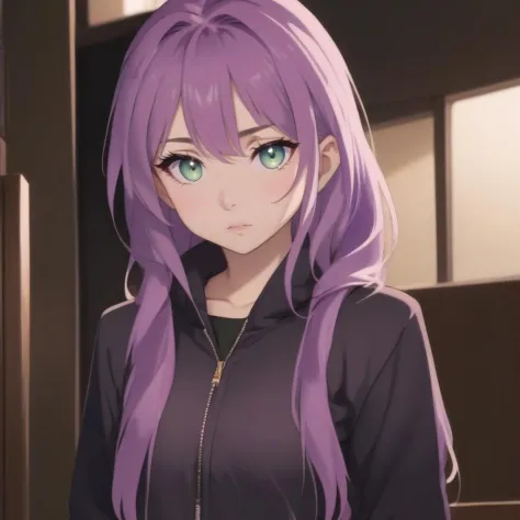1girl, anime, purple hair, upper body, (green eyes:1.1), jacket, masterpiece, best quality,