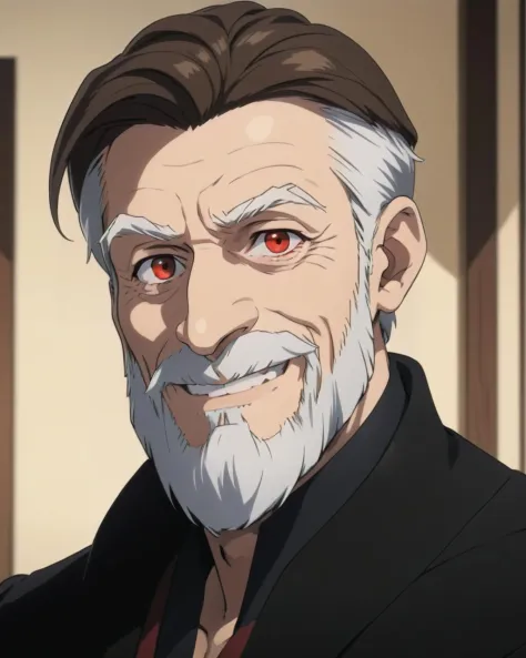 1boy, beard, smile, old man, brown hair, red eyes, masterpiece, best quality,