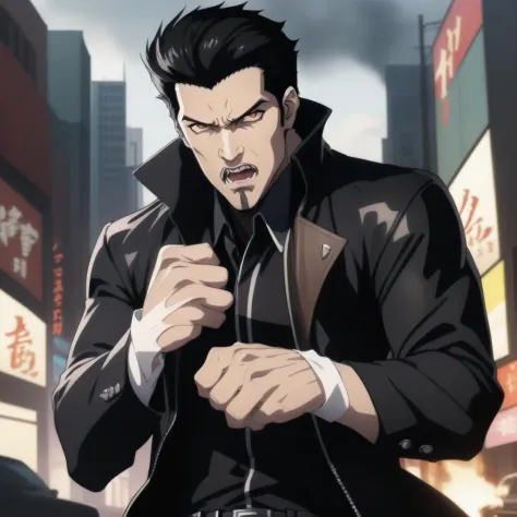 1boy, fists, looking at viewer, angry, incoming attack, bandaged arm, bare hands, anime, goatee, city background, vampire, leath...