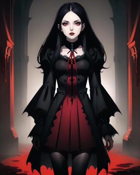 1girl, vampire, gothic, standing, caste background, blood, masterpiece, best quality,