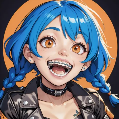 1girl smile, teeth, braces, orange eyes, blue hair, tattoo, crazy eyes, leather jacket, twin braids, upper body, open mouth, ahe...