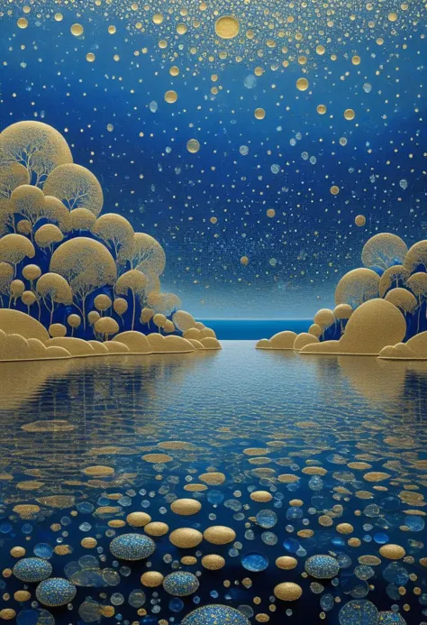 painting of a lake with bubbles floating in it and a sky full of stars