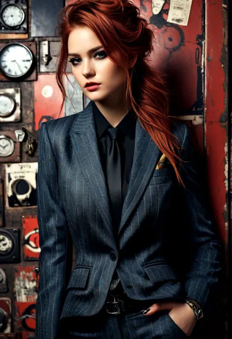 A classic suit with modern grunge elements, hyper detailed hyper realistic stunningly beautiful woman dressed in modern grunge f...