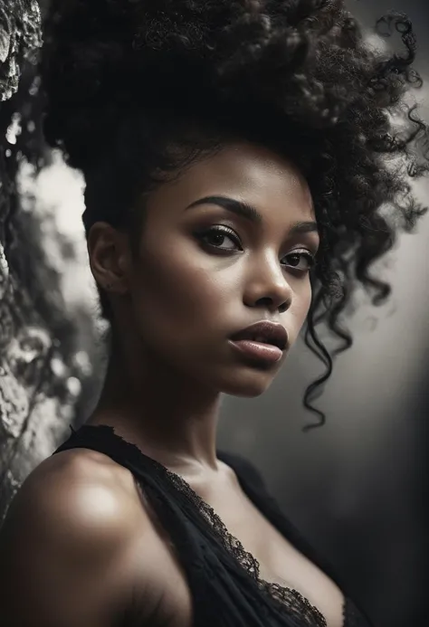 a woman with a very big afro hair standing by a wall