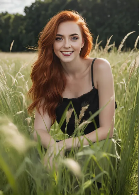a woman with red hair is sitting in a field of tall grass and smiling at the camera with a smile on her face,realistic skin deta...