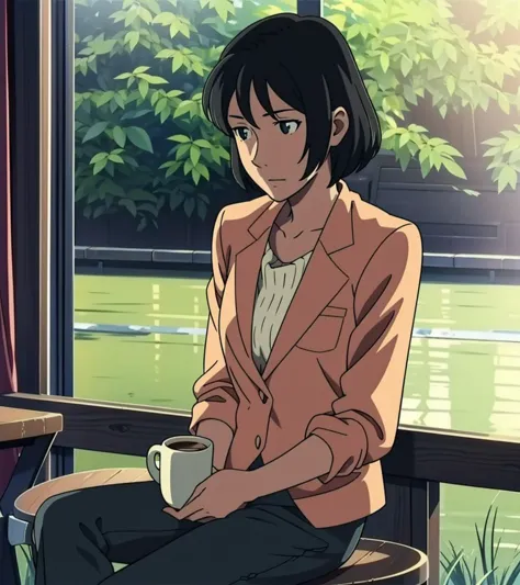 <lora:YukGow:1> YukGow woman sitting in a cozy cafe, hot coffee, messy black hair, skinny, suit top, pants, soft focus,
anime ar...