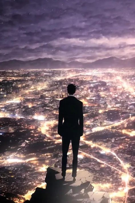 <lora:Solo Levelling v2-000004:0.7>,one man standing on the edge of a mountain looking out over the city, shadow, city, mountainous horizon, purple glow, night, city lights,