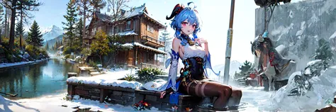 (masterpiece), (best quality), (ultra-detailed), intricate detail, 1girl, solo, (winter), snowing, falling leaves, lake and rive...