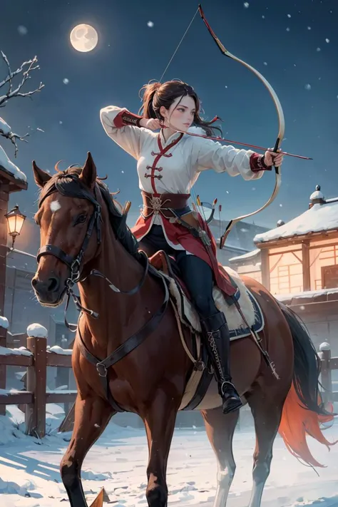 1girl, mounted archery, archery, horseback riding , horse, snowing, ((moon night)), masterpiece, best quality, 8k, outdoors, Anc...