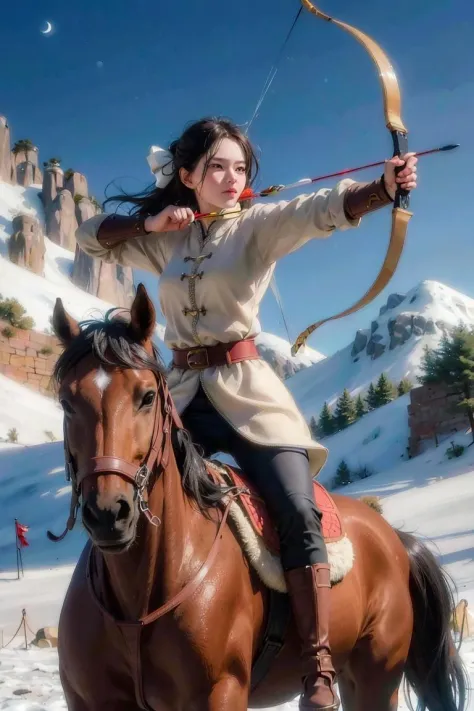 1girl, mounted archery, archery, horseback riding , horse, snowing, ((moon night)), masterpiece, best quality, 8k, outdoors, Anc...