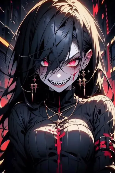 (masterpiece,best quality) ,anime coloring, ttchar,<lora:ttchar:0.8>,1girl, solo,upper body, evil grin, sharp teeth,  looking at viewer, black and red theme:0.8,official art, light particles, scar on face, arm up,from below,