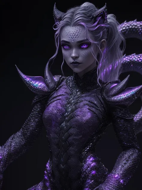 a close up of a woman with purple hair and a dragon like body